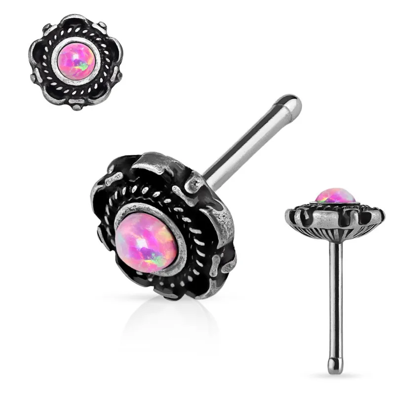 Piercing nez tige droite motif floral opale rose Piercing nez tige droite motif floral opale rose