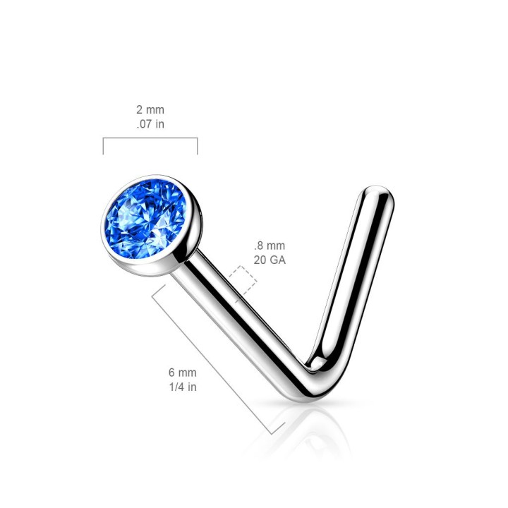 Piercing nez tige en L strass bleu Titane G23