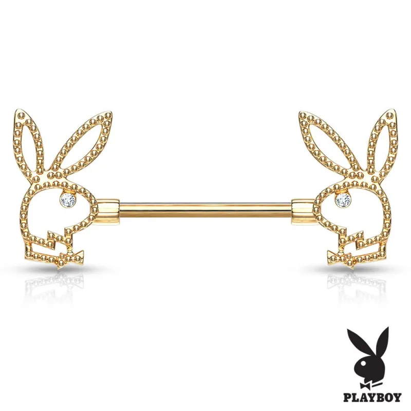 Piercing téton Playboy en acier doré motif perlé
