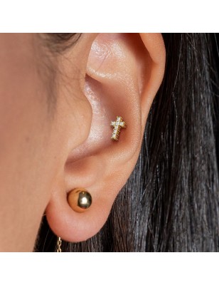 Piercing labret oreille croix pavée de strass acier doré