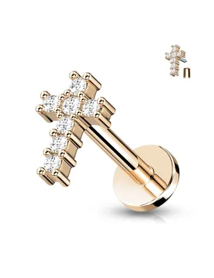 Piercing labret oreille croix pavée de strass acier rosé