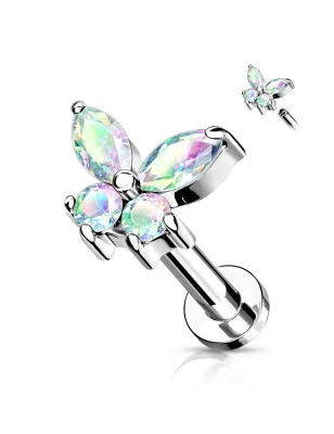 Piercing oreille labret papillon strass aurore boréale