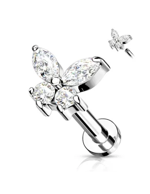 Piercing oreille labret papillon strass blanc