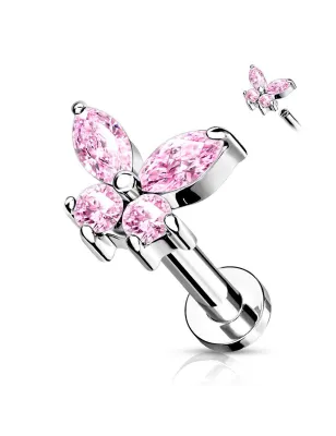 Piercing oreille labret papillon strass rose