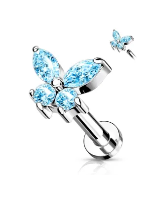 Piercing oreille labret papillon strass turquoise