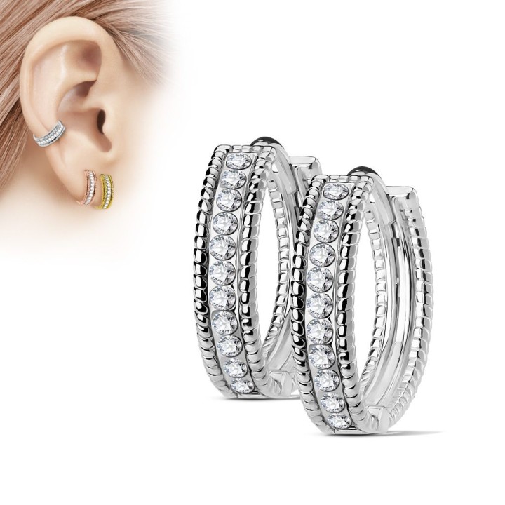 Paire boucles d'oreille anneaux bordures perlées strass