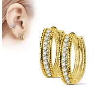 Paire boucles d'oreille anneaux plaqué or bordures perlées strass