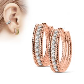 Paire boucles d'oreille anneaux plaqué or rose bordures perlées strass