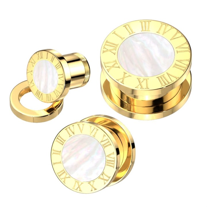 Piercing tunnel oreille chiffres romains nacre