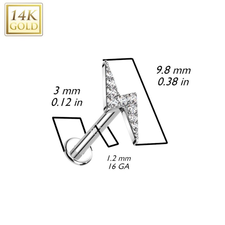Piercing labret oreille or blanc 14 carats vissage interne éclair