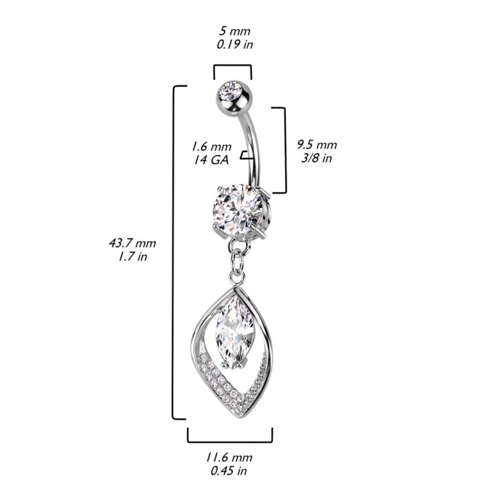 Piercing nombril pendentif feuille creuse pavée de strass
