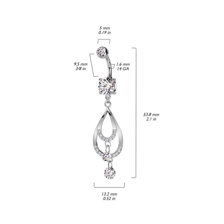 Piercing nombril pendentif double larme pavée