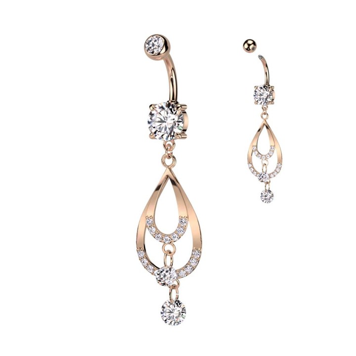 Piercing nombril pendentif double larme pavée rosé