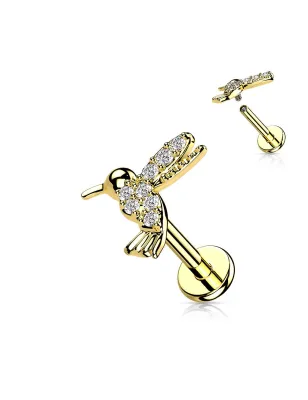 Piercing labret oreille doré colibri pavé de strass