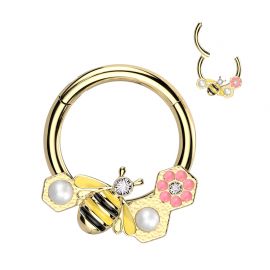 Piercing oreille anneau segment acier chirurgical doré abeille avec fleur