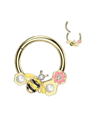 Piercing oreille anneau segment acier chirurgical doré abeille avec fleur