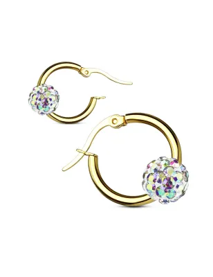 Paire boucles d'oreille anneaux doré boule cristal aurore boréale