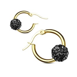 Paire boucles d'oreille anneaux doré boule cristal noir