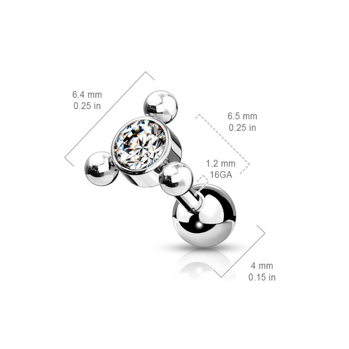 Piercing cartilage hélix argenté cristal billes