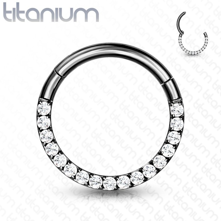 Piercing anneau segment titane noir strass blanc face