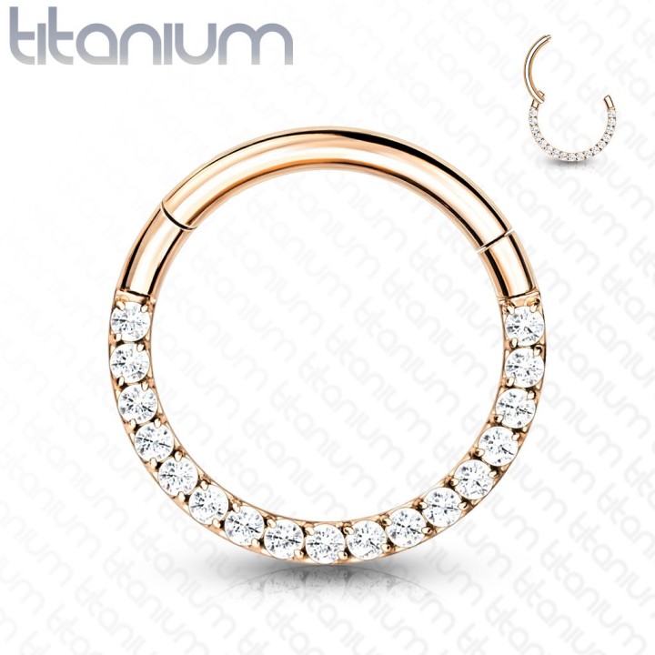 Piercing anneau segment titane rosé strass blanc face