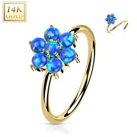 Piercing nez anneau Or jaune 14 carats fleur opale bleu