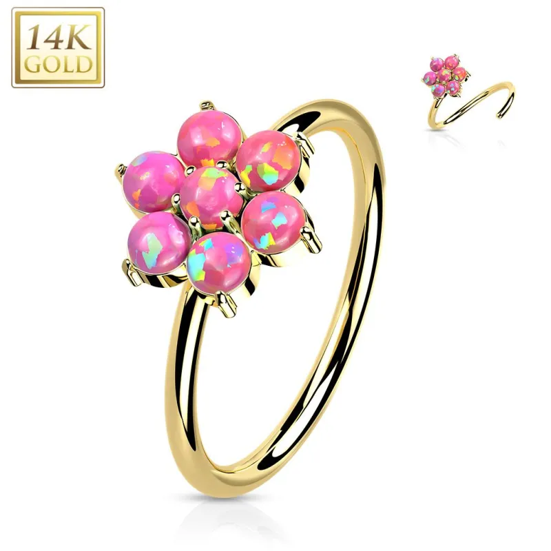 Piercing nez anneau Or jaune 14 carats fleur opale rose Piercing nez anneau Or jaune 14 carats fleur opale rose