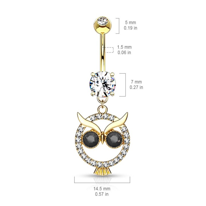 Piercing nombril pendentif hibou cristaux noirs plaqué or