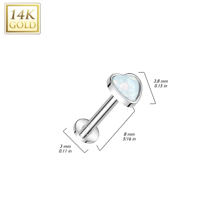 Piercing labret oreille or blanc 14 carats coeur opale blanche