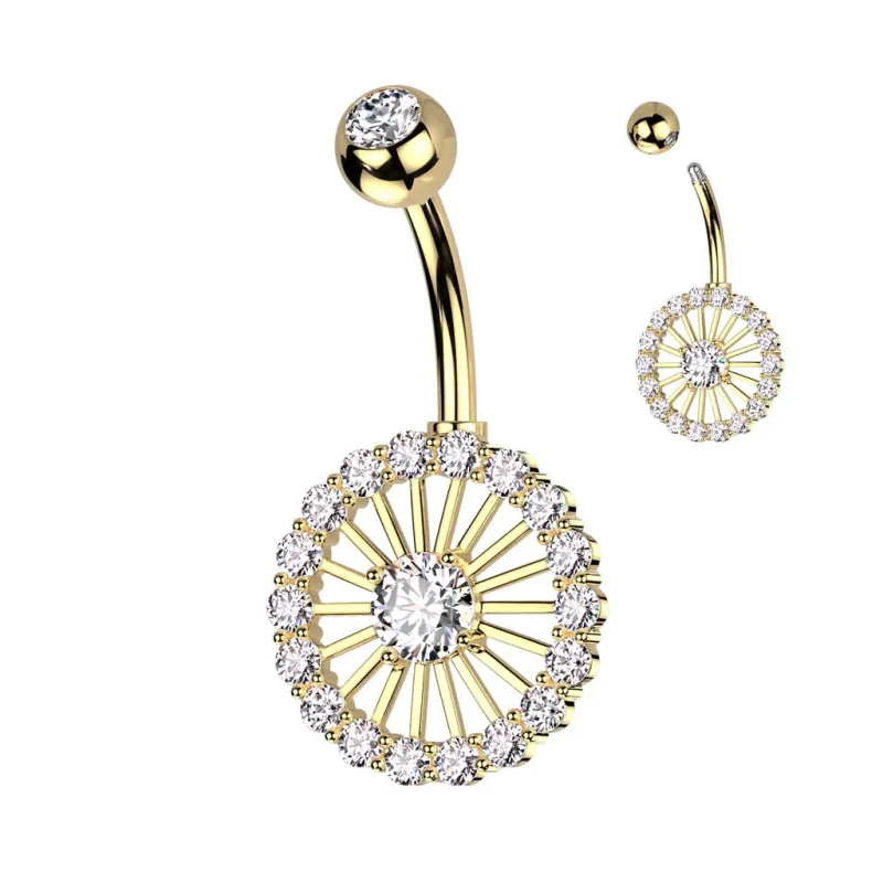 Piercing nombril roue dorée pavée de strass Piercing nombril roue dorée pavée de strass