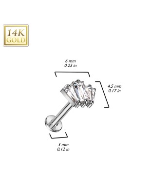 Piercing labret oreille or blanc 14 carats trois baguettes