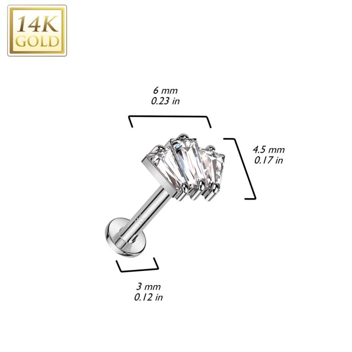 Piercing labret oreille or blanc 14 carats trois baguettes