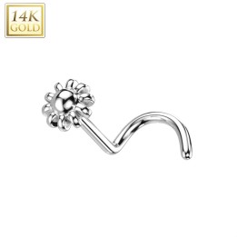 Piercing nez or blanc 14 carats tige tire-bouchon fleur