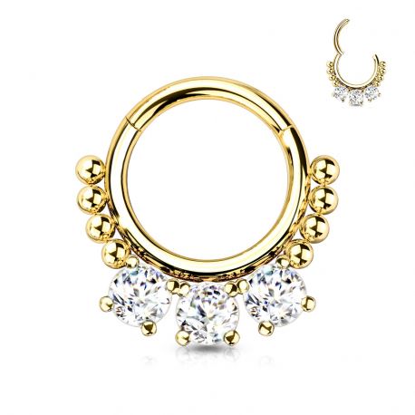 Piercing anneau segment acier doré zircon et perles