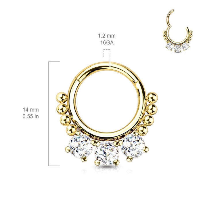 Piercing anneau segment acier doré zircon et perles