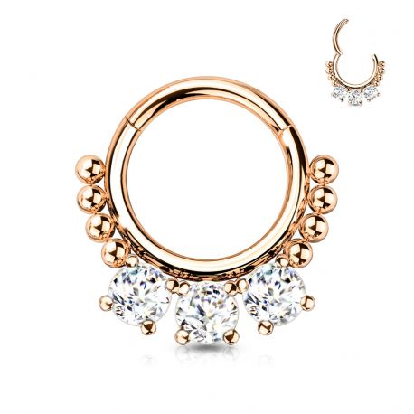 Piercing anneau segment acier rosé zircon et perles