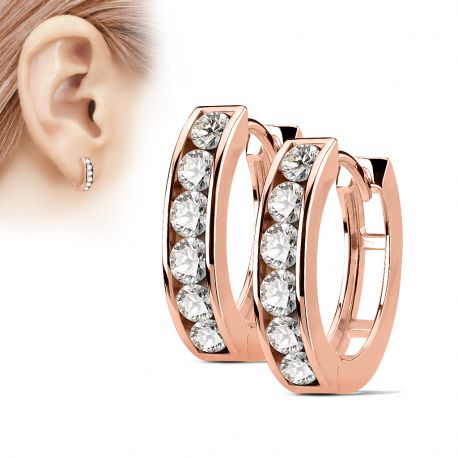 Paire boucles d'oreille anneaux plaqué or rose zircons blancs