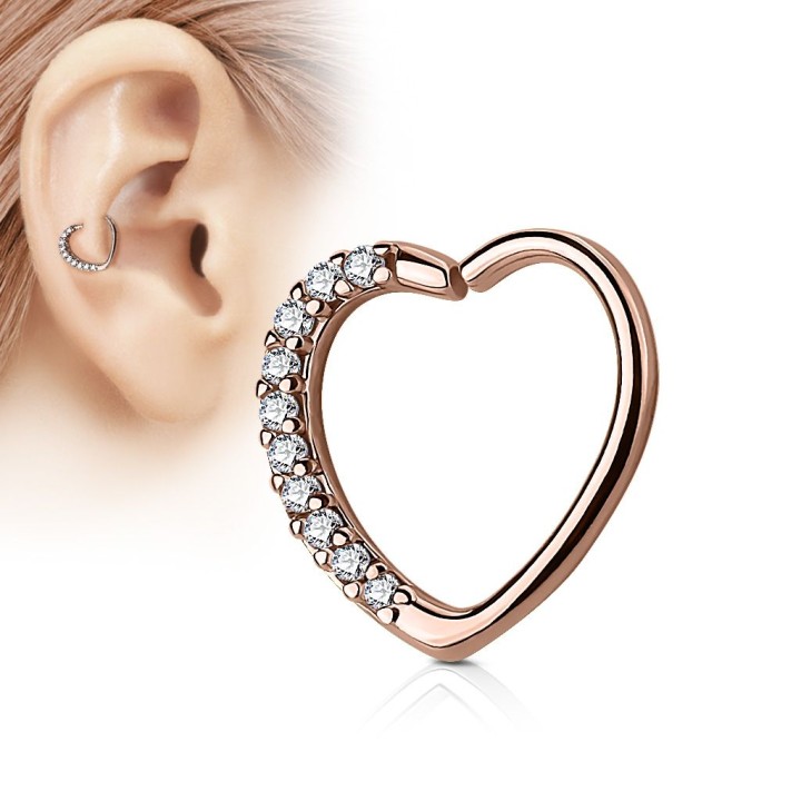 Piercing cartilage daith coeur strass plaqué or rose