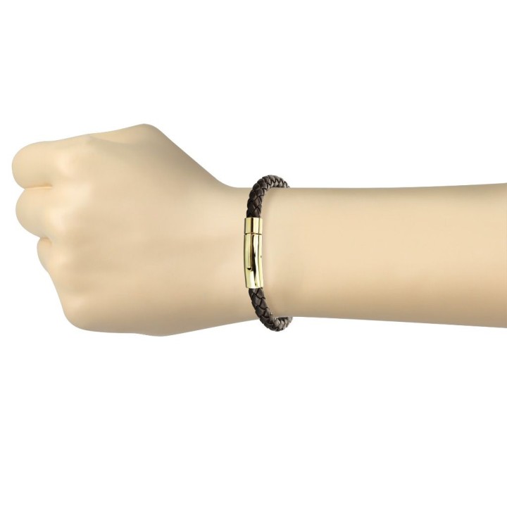 Bracelet homme cuir tressé marron fermoir doré