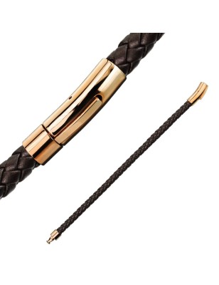 Bracelet homme cuir tressé marron fermoir rosé