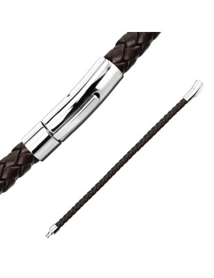 Bracelet homme cuir tressé marron fermoir argenté