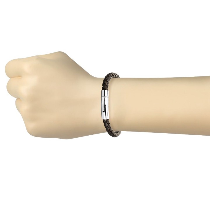 Bracelet homme cuir tressé marron fermoir argenté