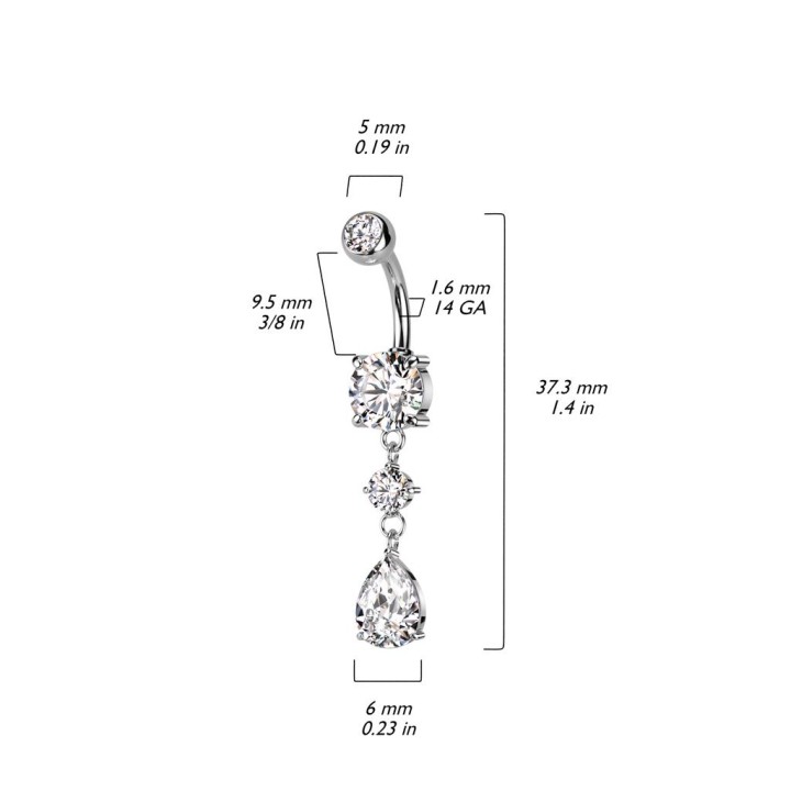 Piercing nombril pendentif goutte  pavée