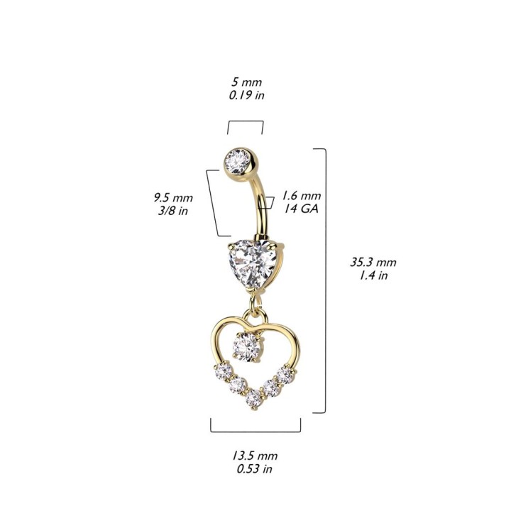Piercing nombril pendentif coeur doré pavé