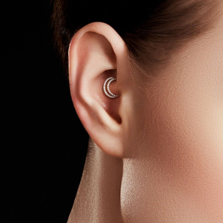Piercing anneau or blanc 14 carats septum daith double ligne pavée