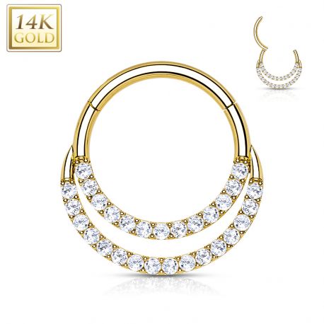 Piercing anneau or jaune 14 carats septum daith double ligne pavée