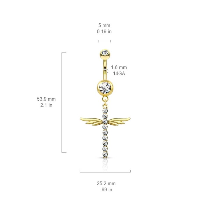 Piercing nombril pendentif croix ailée pavée plaqué or