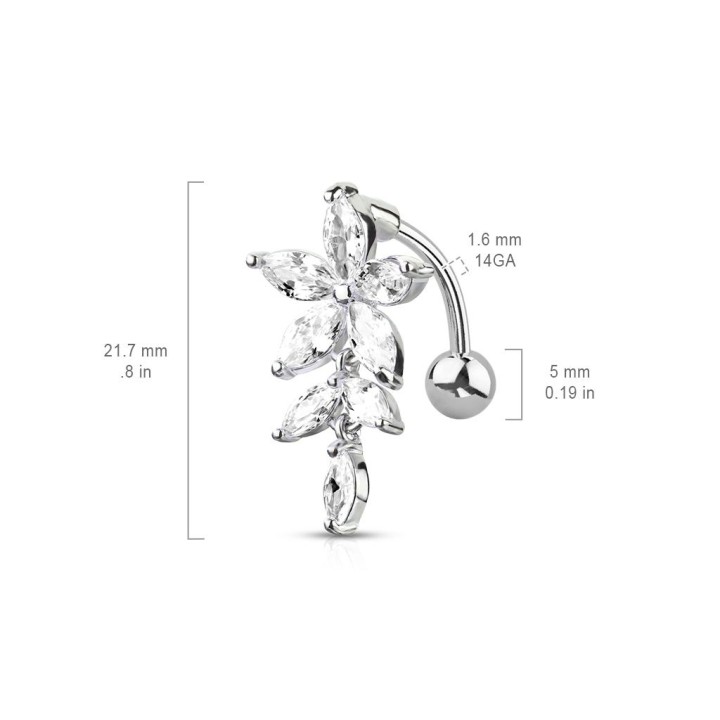 Piercing nombril inversé fleur pierres marquise blanc