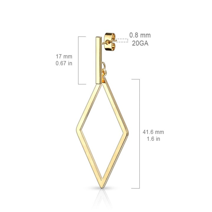 Paire Boucles d'oreille clous barre et pendentif losange doré