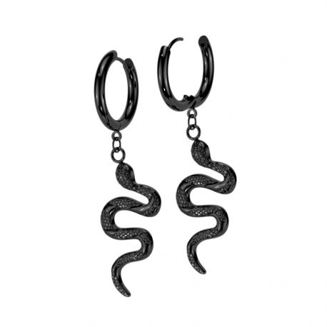 Paire boucles d'oreille anneaux noir pendentif serpent